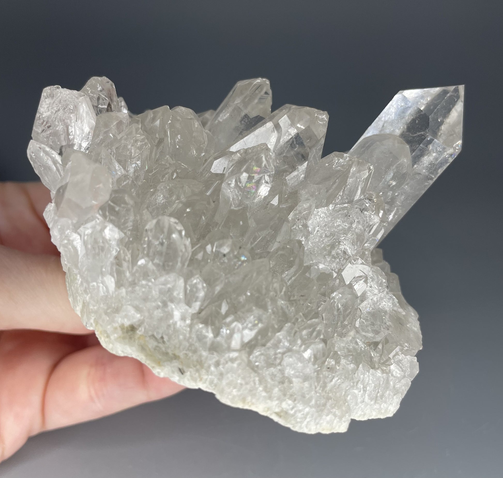 A natural Clear Quartz cluster with multiple crystal points, reflecting light beautifully against a neutral background.