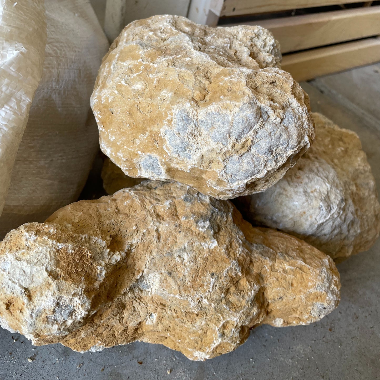 A large, unopened geode resting on a rocky surface, ready to be broken open to reveal sparkling crystals within.