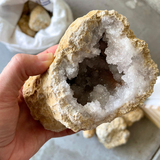 An extra large break-your-own geode resting on a wooden surface, displaying a rugged exterior with visible cracks hinting at the sparkling crystals hidden within.
