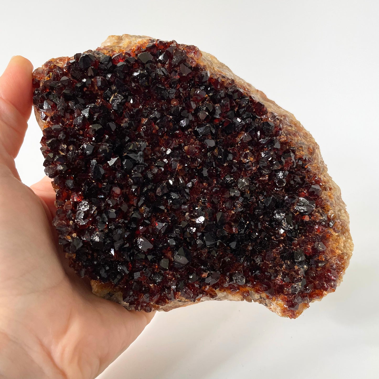 Large citrine cluster with deep orange-colored crystal formations on a brown wooden stand against a white background.