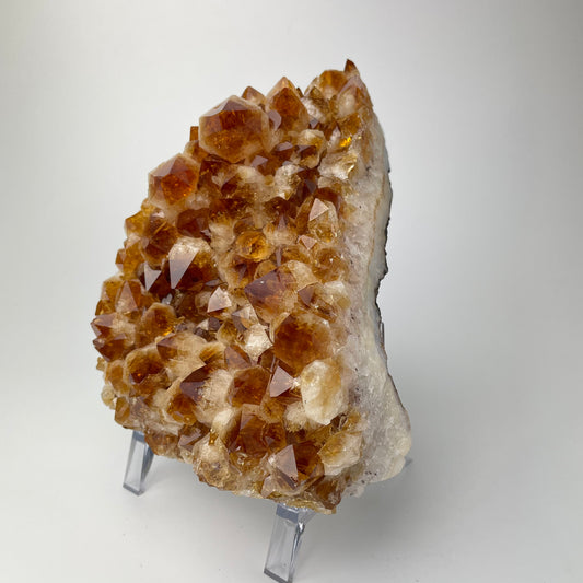 Citrine cluster with deep, orange-colored crystal formations on an acrylic stand against a gray background.