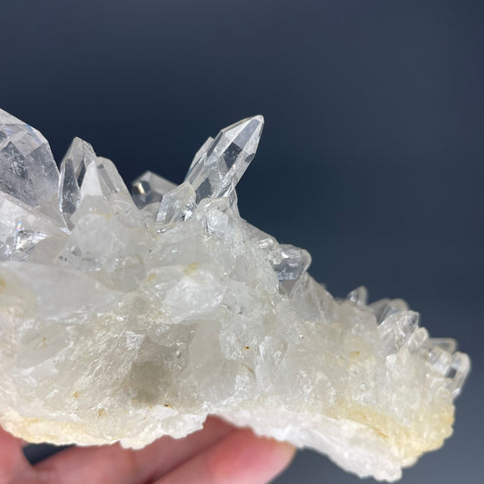 A natural Clear Quartz cluster with multiple crystal points, reflecting light beautifully against a neutral background.
