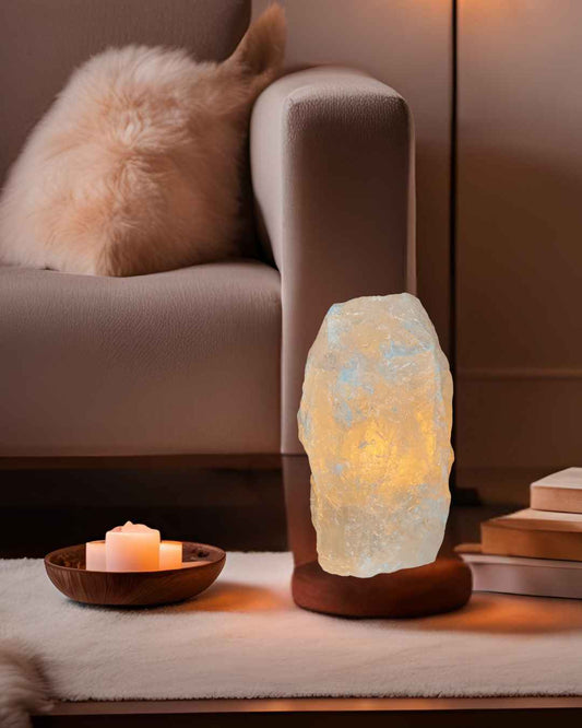 A glowing Clear Quartz Mineral Lamp with a bright, translucent appearance.