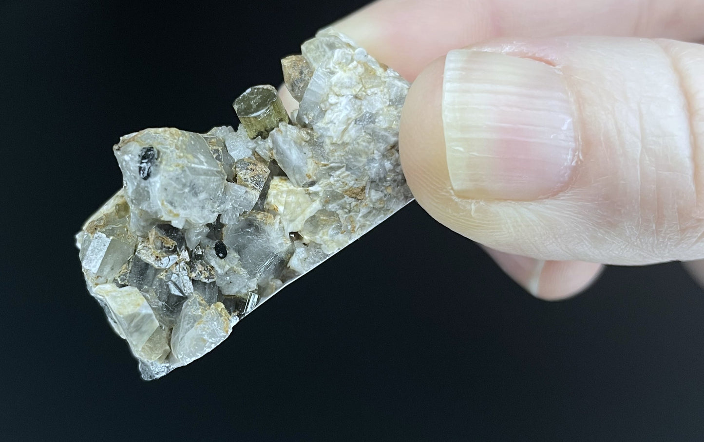 A close-up image of a mineral specimen featuring creamy Orthoclase crystals intergrown with clear quartz and dark tourmaline, showcasing a striking blend of textures and colors