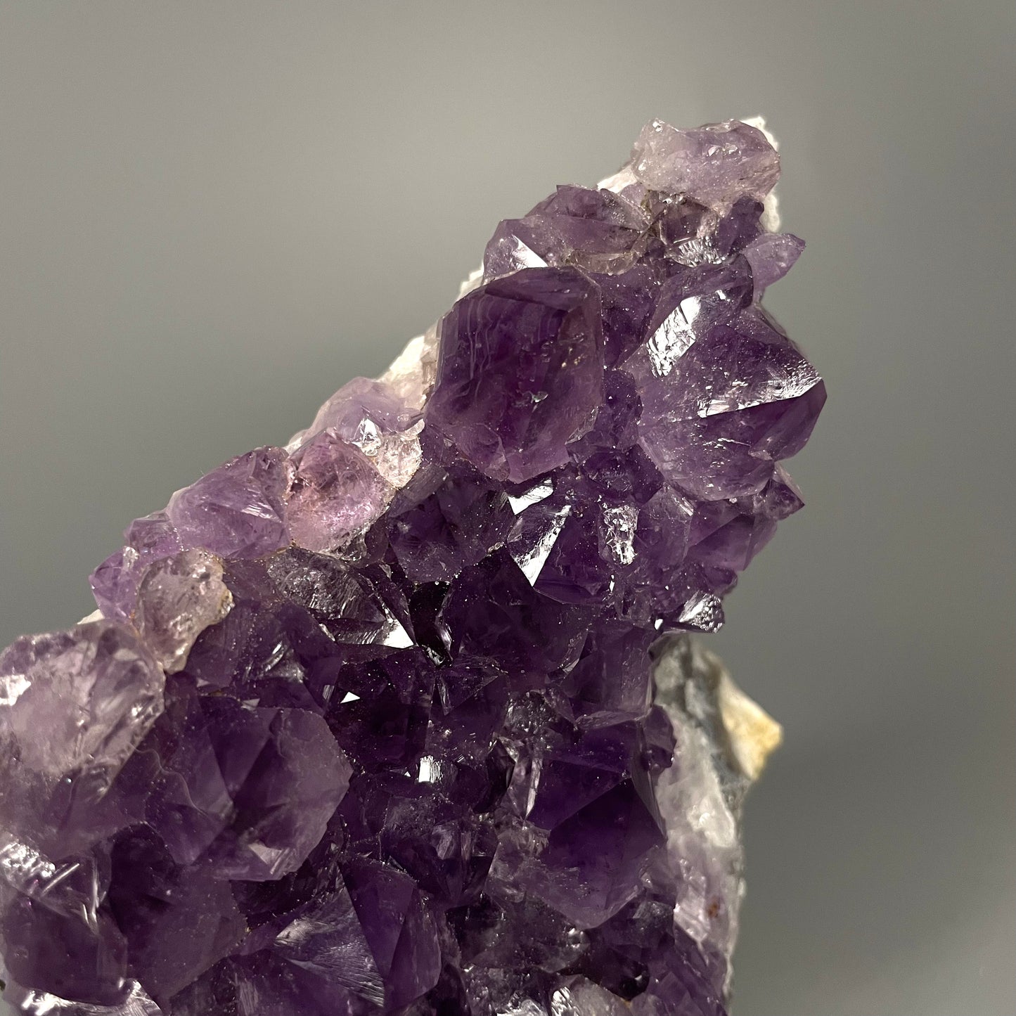 Amethyst cluster with brilliant hues of purple and various sizes of crystal formations.