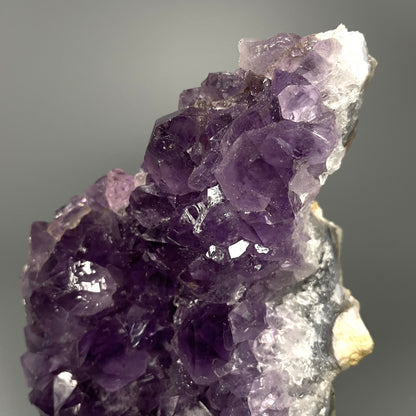 Amethyst cluster with brilliant hues of purple and various sizes of crystal formations.