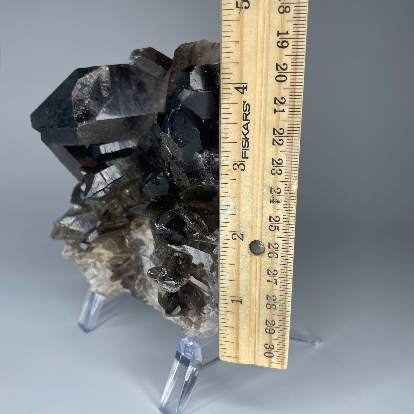 A large 39-ounce Smoky Quartz Cluster with dark hues and a mix of large and small crystal formations.