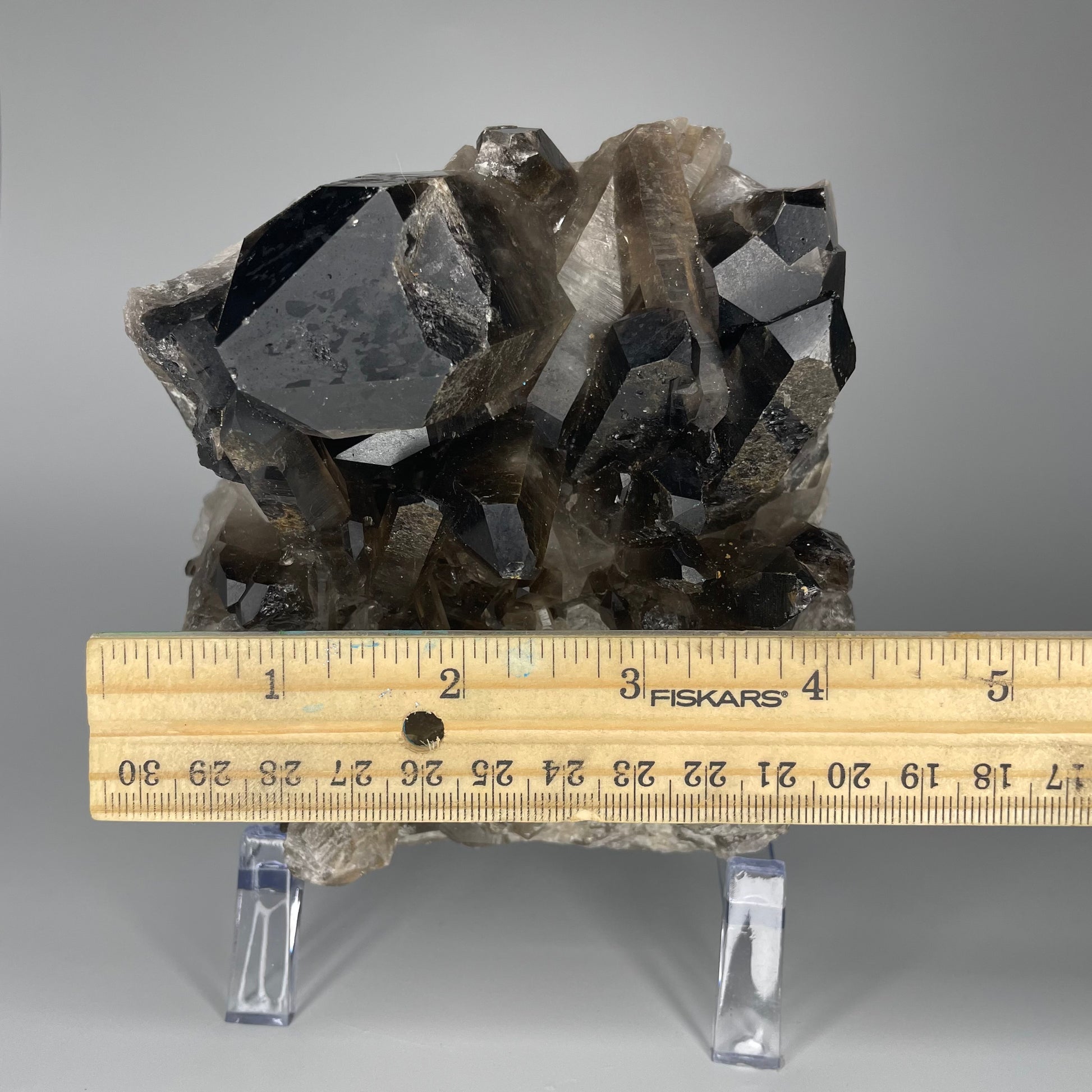 A large 39-ounce Smoky Quartz Cluster with dark hues and a mix of large and small crystal formations.