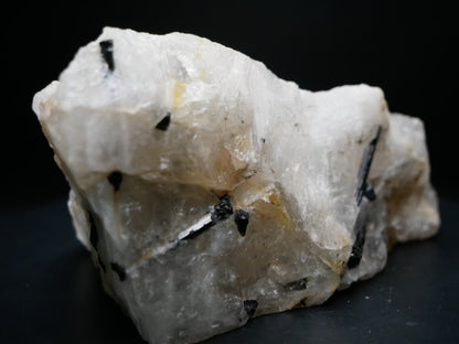 A black tourmaline in a matrix with a distinctive tourmaline crystal protruding from the matrix on a black background.