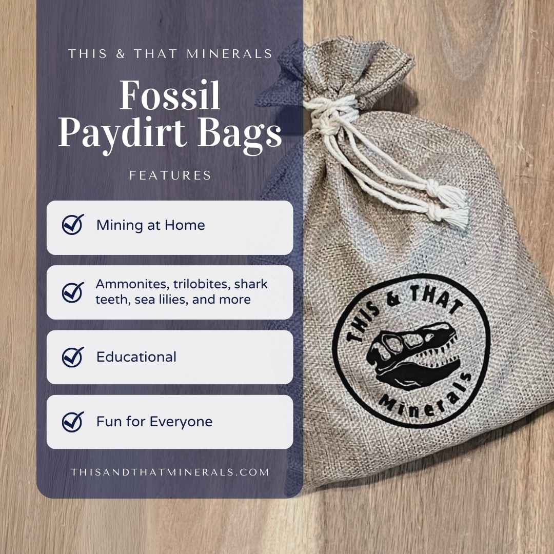 A burlap bag with the logo of a dinosaur skeleton and the words fossil paydirt bags.