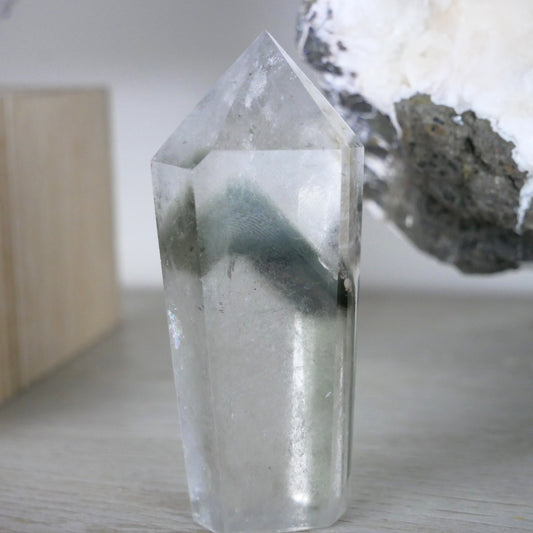 A close-up image of a garden quartz crystal point, measuring nearly two inches in length. The crystal exhibits intricate patterns of mineral inclusions resembling a garden landscape, with green chlorite and other minerals creating a picturesque scene within the transparent quartz.