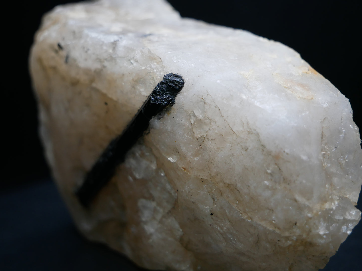 A black tourmaline in a matrix with a distinctive tourmaline crystal protruding from the matrix on a black background.