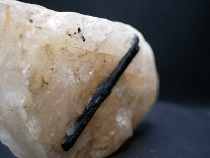 A black tourmaline in a matrix with a distinctive tourmaline crystal protruding from the matrix on a black background.