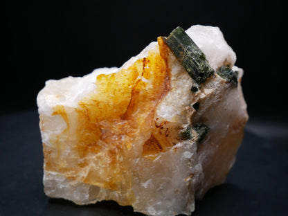 A large dark green tourmaline in a matrix with distinctive tourmaline crystals protruding from the matrix on a black background.