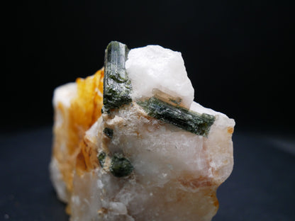 A large dark green tourmaline in a matrix with distinctive tourmaline crystals protruding from the matrix on a black background.