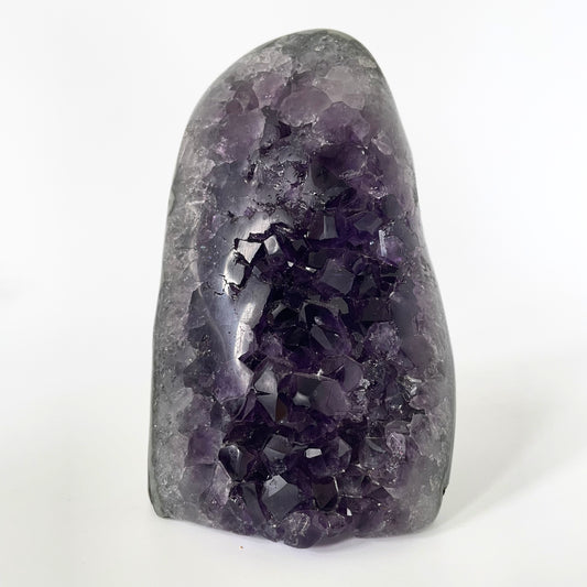 Amethyst cluster with polished edges and brilliant hues of deep purple and various sizes of crystal formations on a white background.