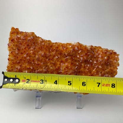 Citrine cluster with deep, orange-colored crystal formations on an acrylic stand against a gray background. 