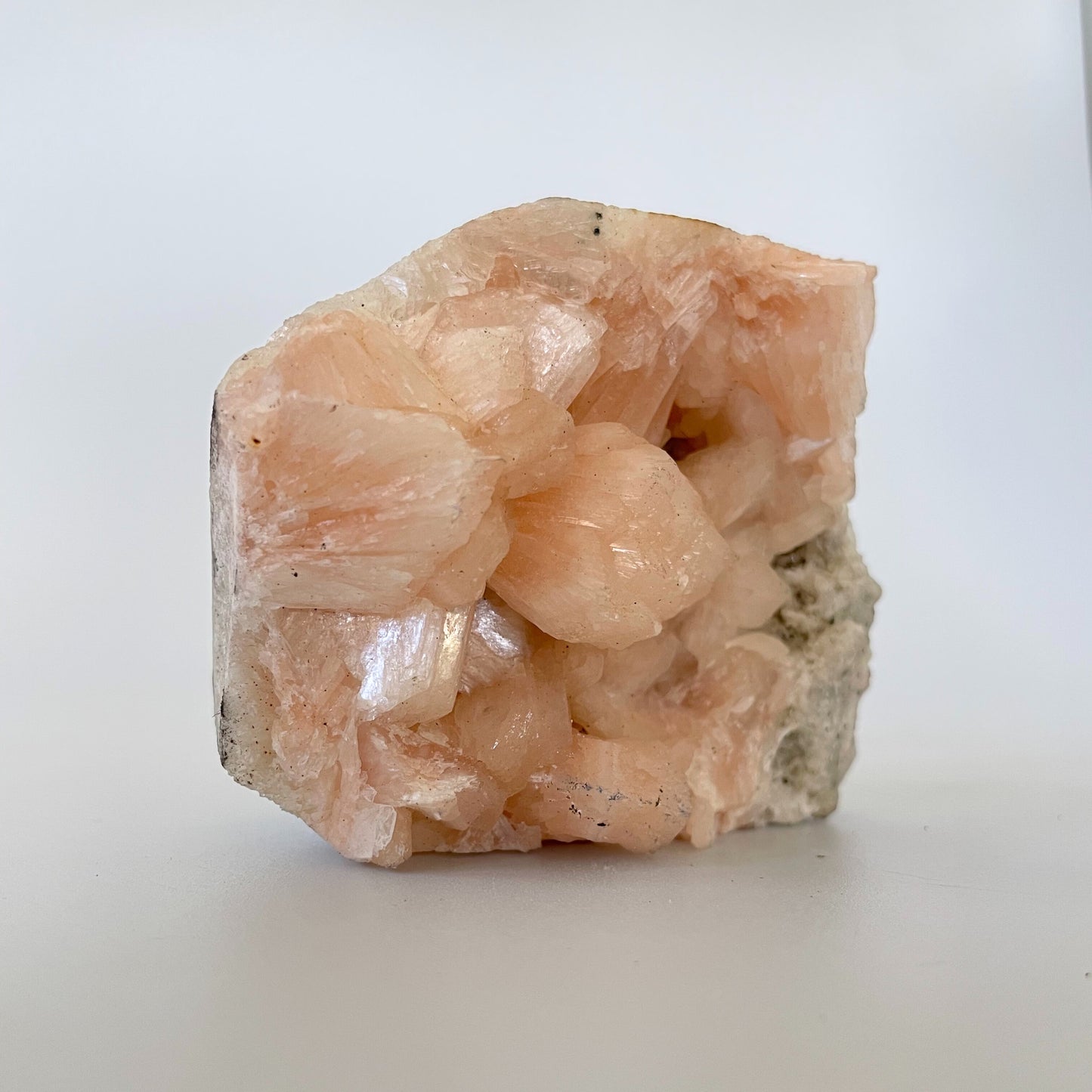 A 3-inch stilbite cluster with distinctive peach-colored crystal formations on a white background.