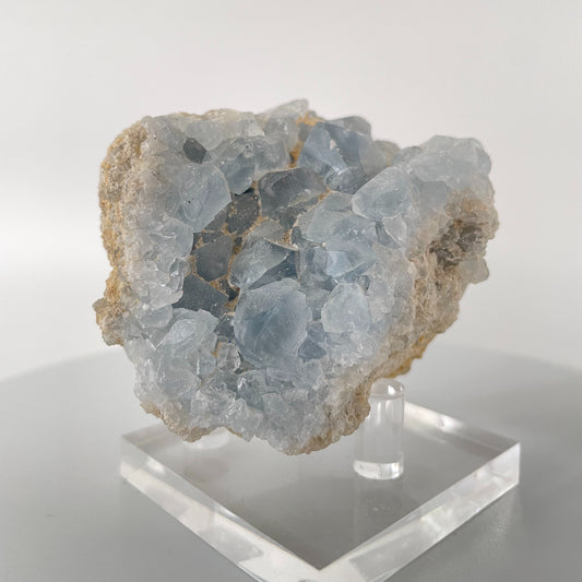 A close-up image of a sparkling celestite cluster, featuring various light blue crystals arranged in a natural formation. The crystals shimmer in the light, creating a mesmerizing and ethereal display.