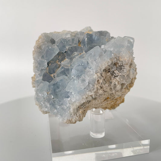 A close-up image of a sparkling celestite cluster, featuring various light blue crystals arranged in a natural formation. The crystals shimmer in the light, creating a mesmerizing and ethereal display.